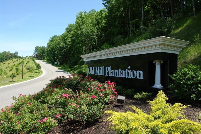 The stone Old Mill Plantation entrance monument, framed by roses along the neighborhood road